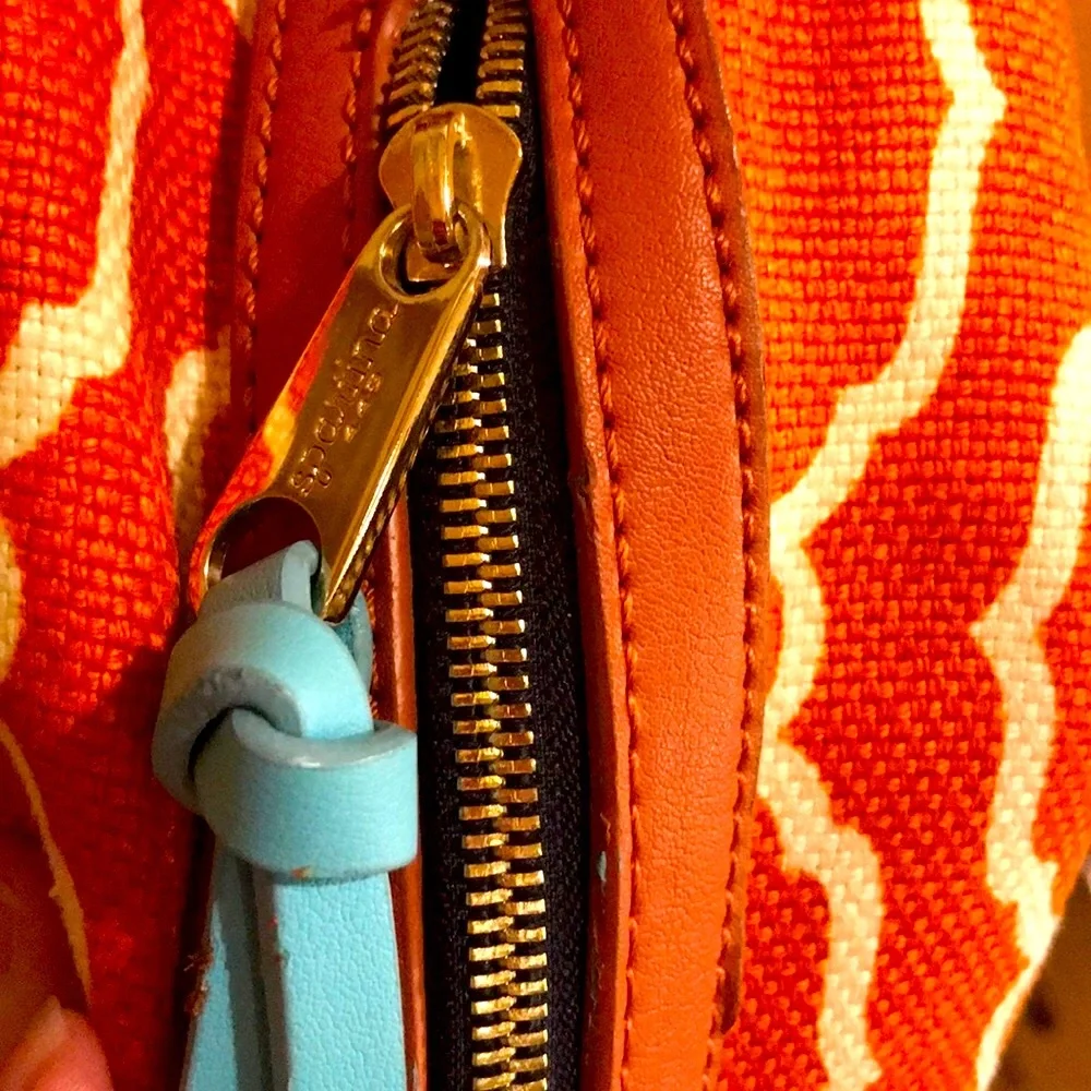 Spartina 449 Sallie Ann Orange Cream Navy leather linen Bucket Bag purse VGUC